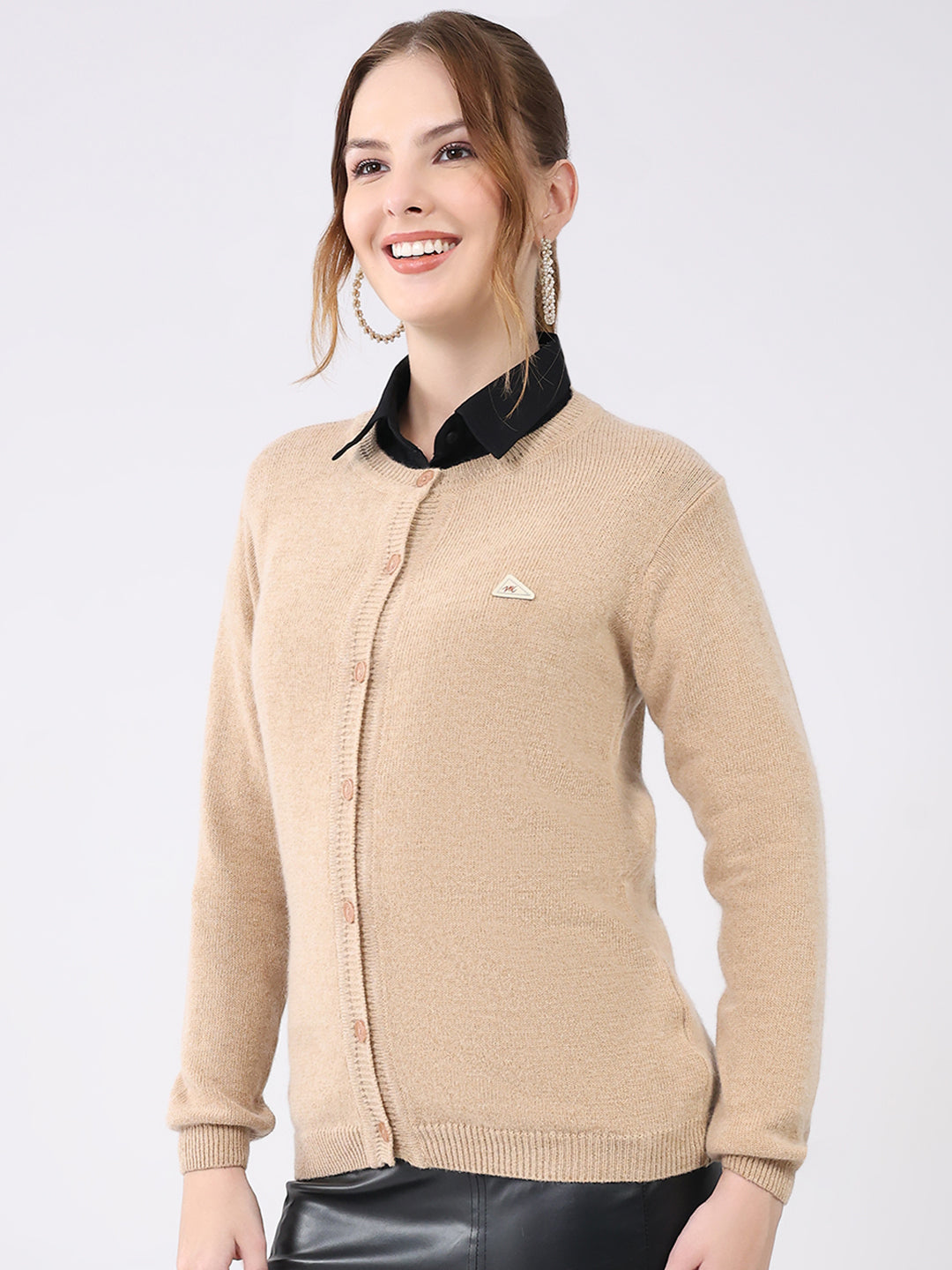 Women Beige Solid Round Neck Full Sleeve Cardigan