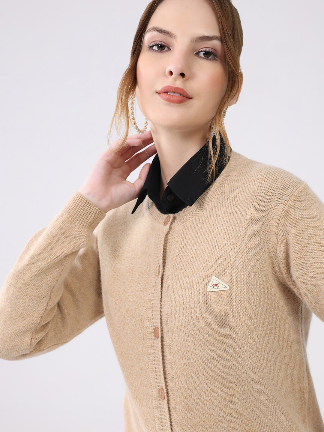 Women Beige Solid Round Neck Full Sleeve Cardigan