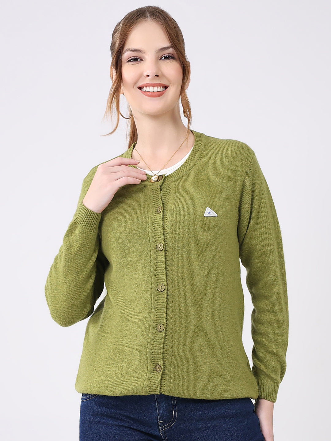 Women Green Solid Round Neck Full Sleeve Cardigan