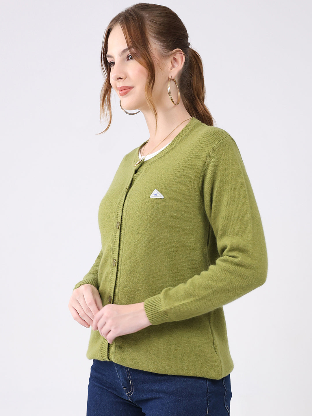 Women Green Solid Round Neck Full Sleeve Cardigan