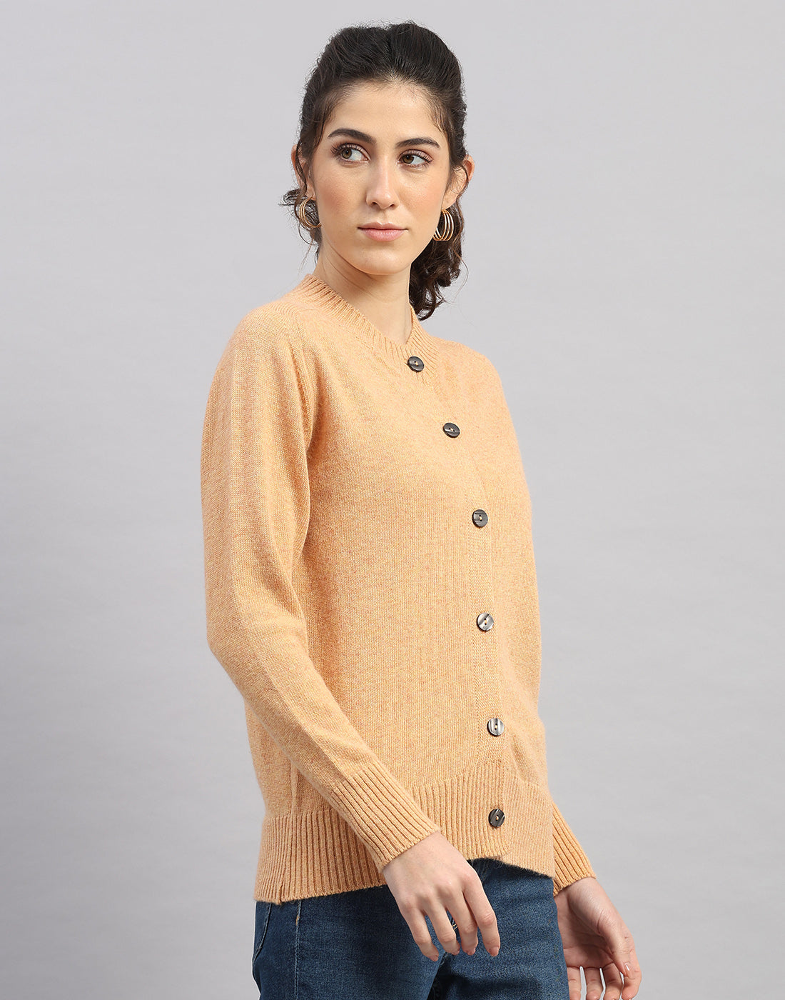 Women Orange Solid Round Neck Full Sleeve Cardigan