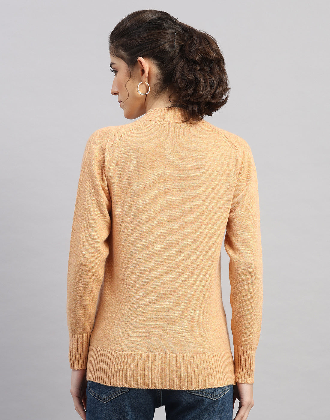 Women Orange Solid Round Neck Full Sleeve Cardigan