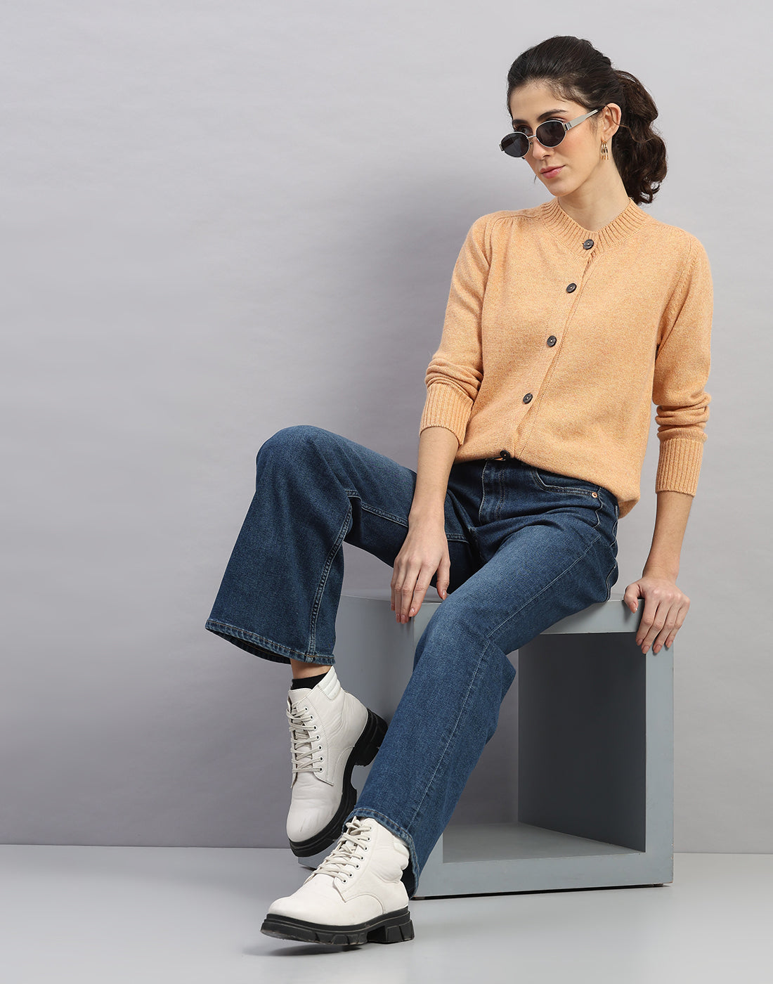 Women Orange Solid Round Neck Full Sleeve Cardigan