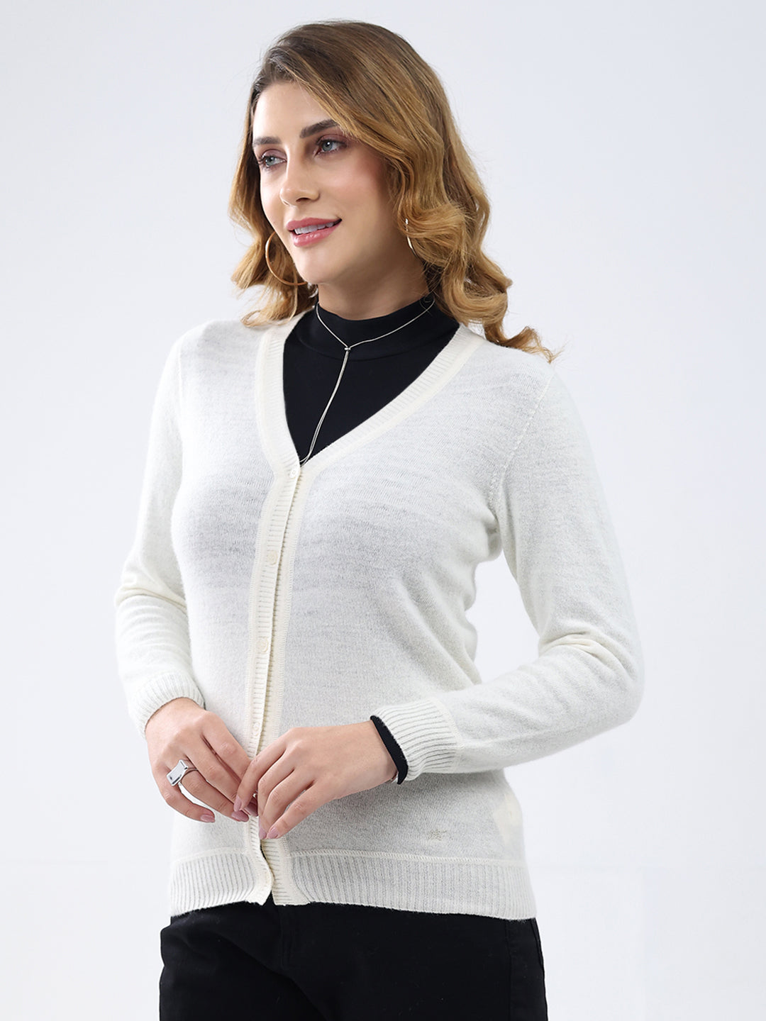 Women White Solid V Neck Full Sleeve Cardigan