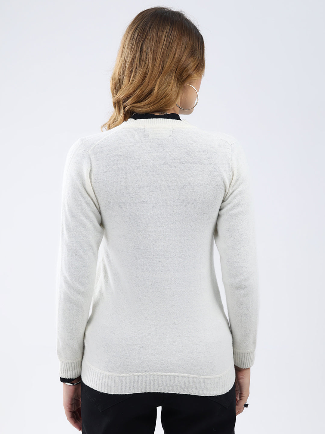 Women White Solid V Neck Full Sleeve Cardigan