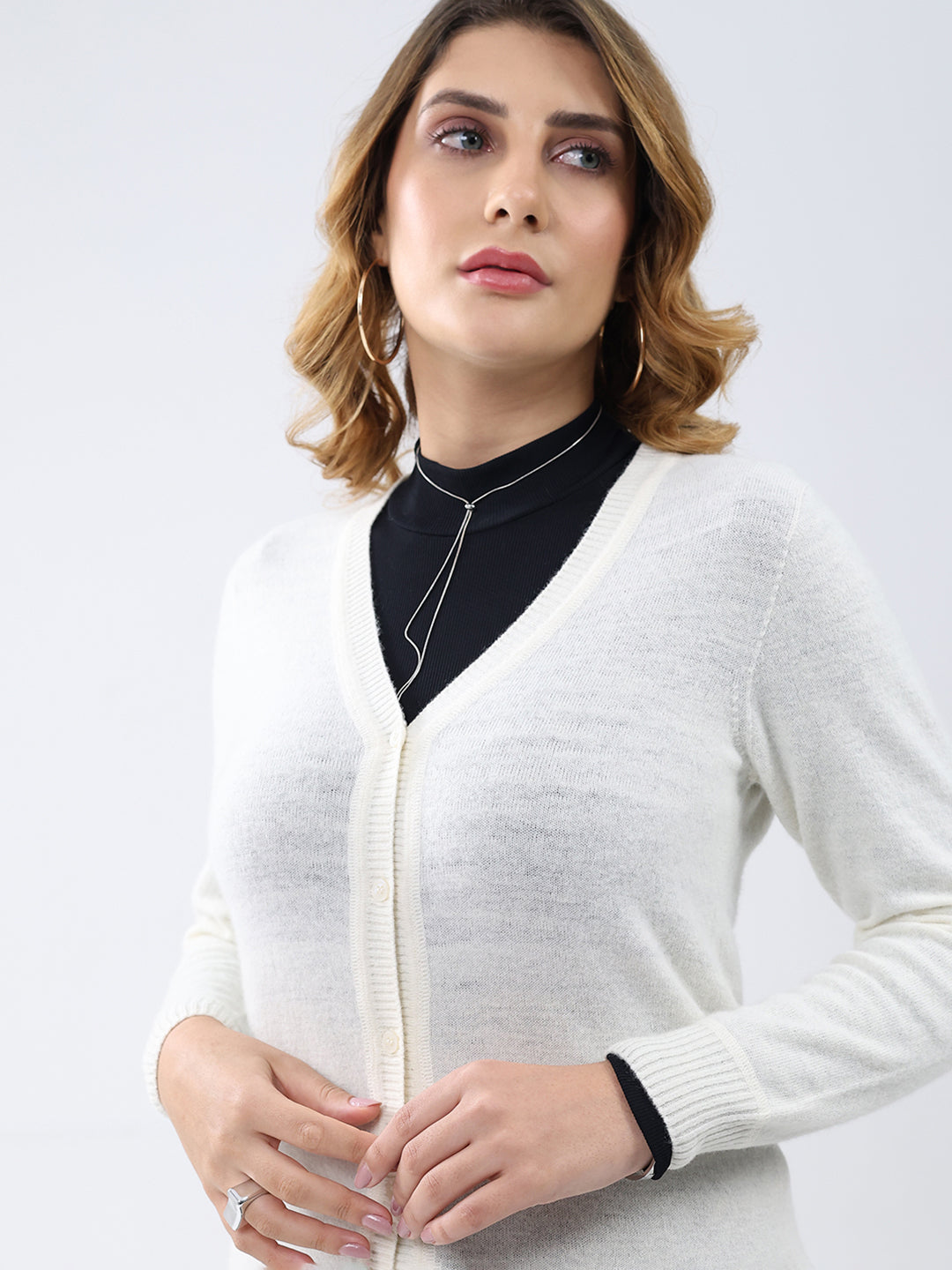 Women White Solid V Neck Full Sleeve Cardigan