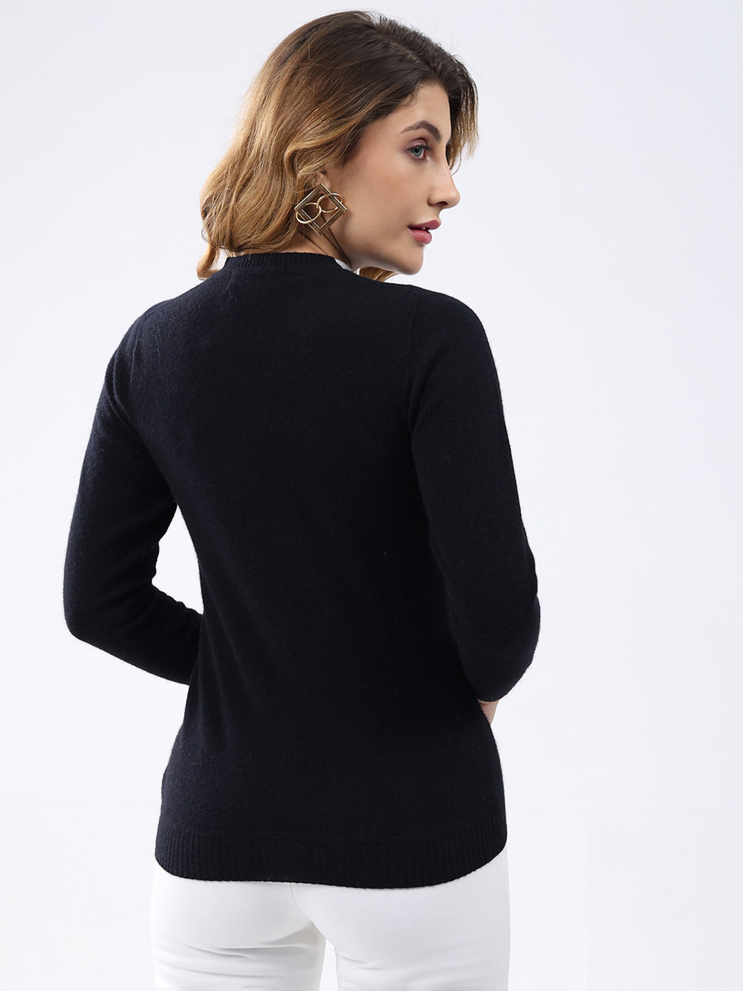 Women Black Solid V Neck Full Sleeve Cardigan