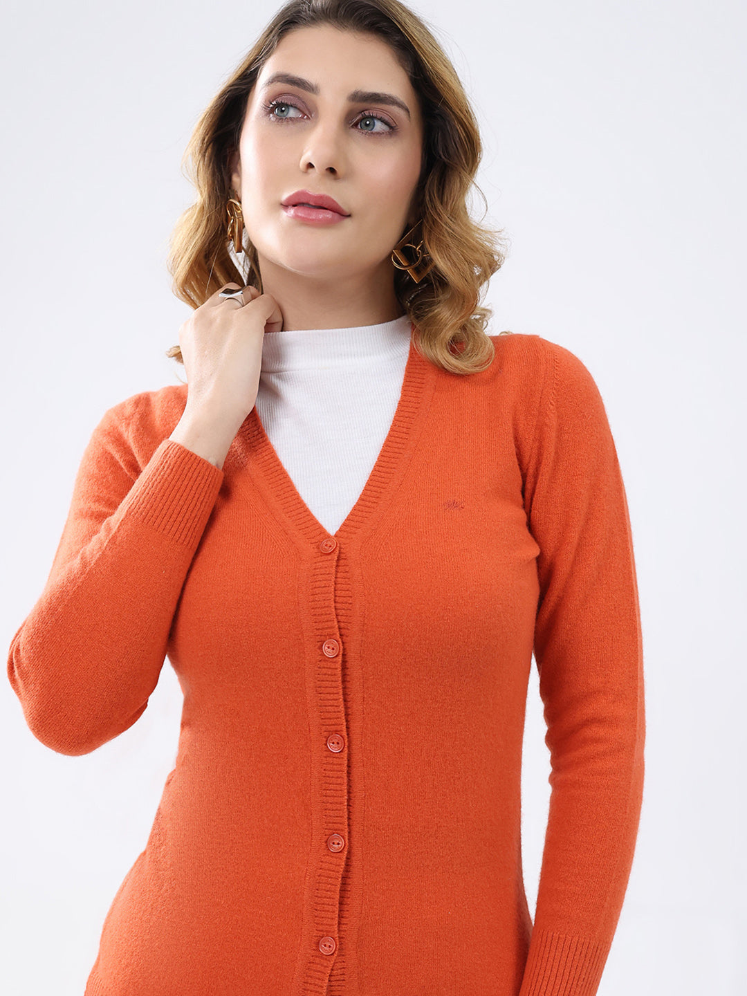 Women Orange Solid V Neck Full Sleeve Cardigan