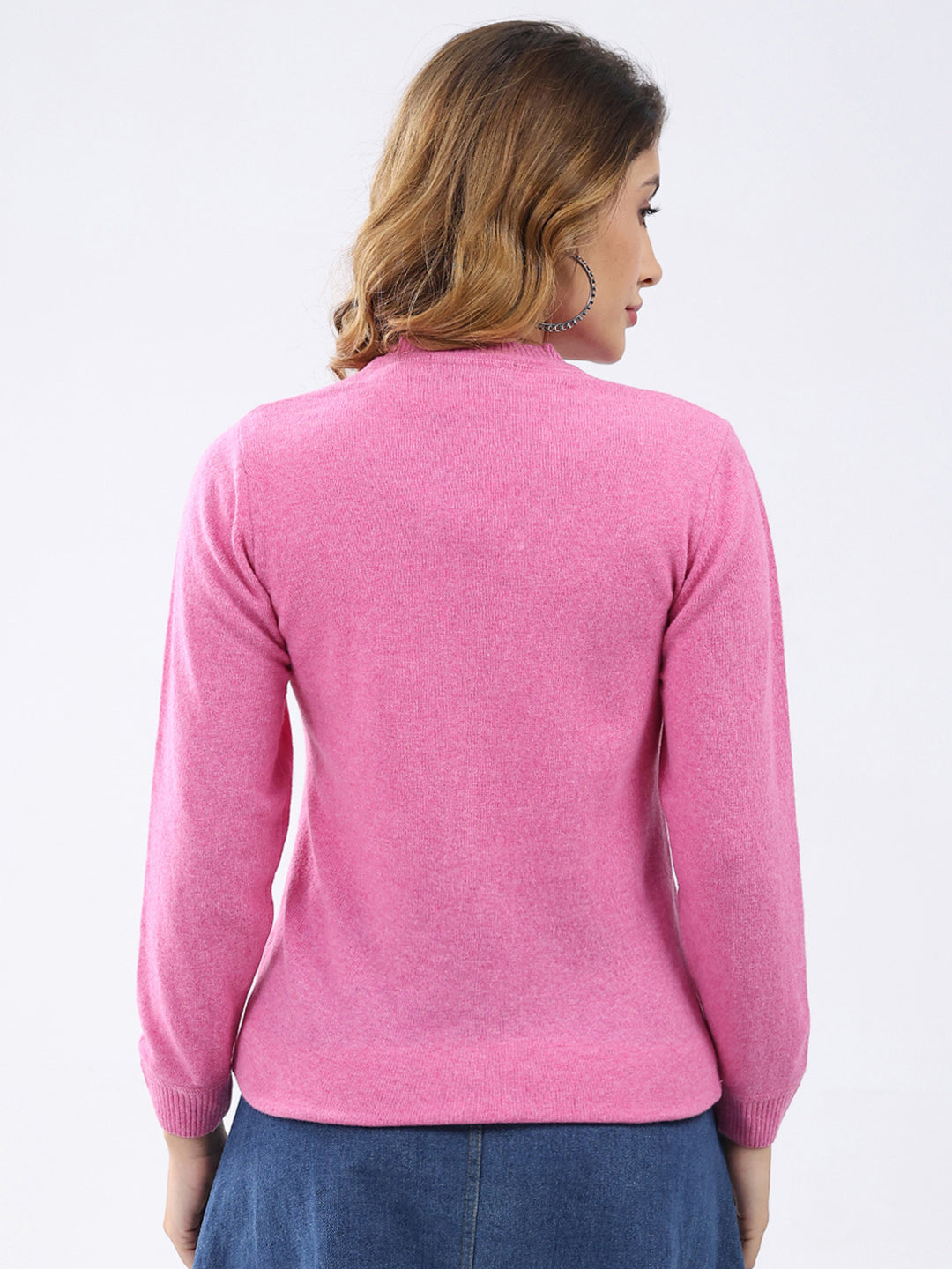 Women Pink Solid V Neck Full Sleeve Cardigan