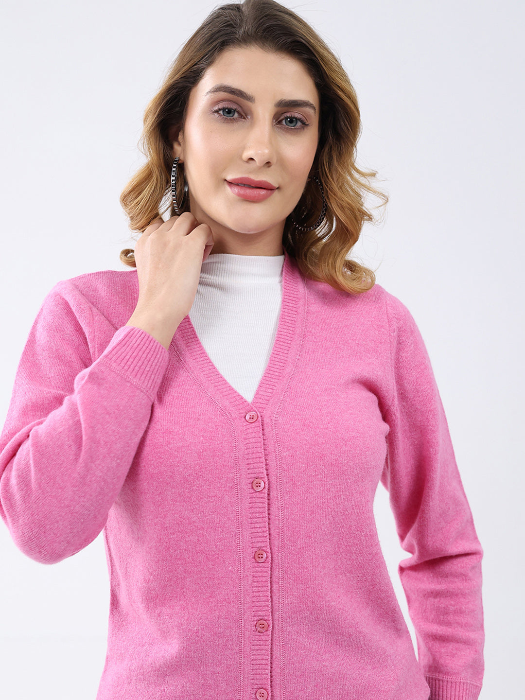 Women Pink Solid V Neck Full Sleeve Cardigan
