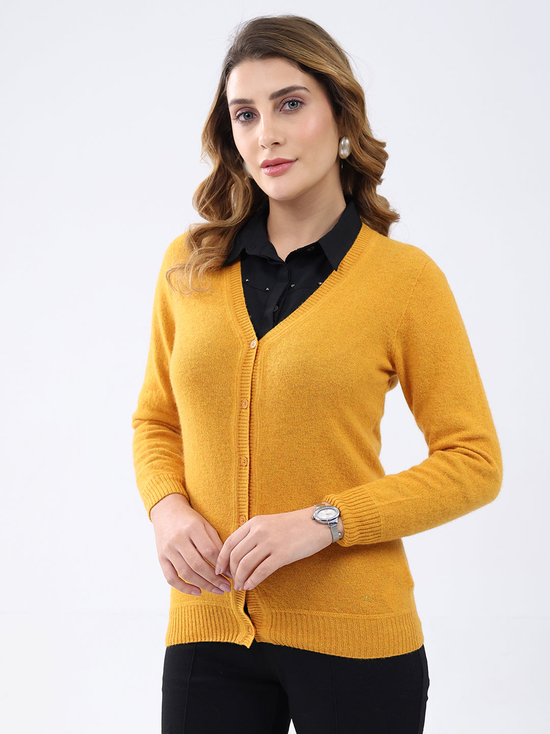 Women Mustard Solid V Neck Full Sleeve Cardigan