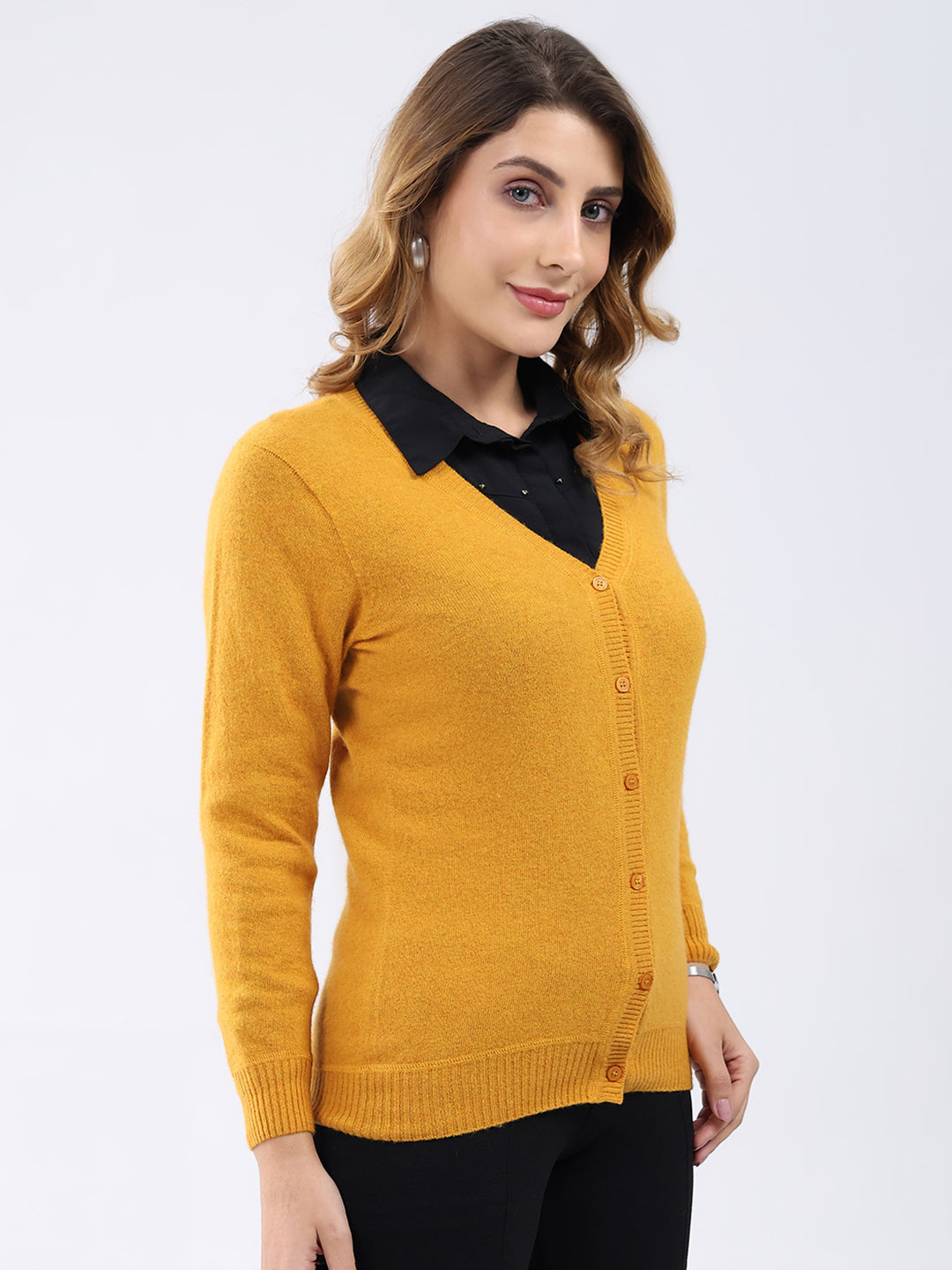 Women Mustard Solid V Neck Full Sleeve Cardigan