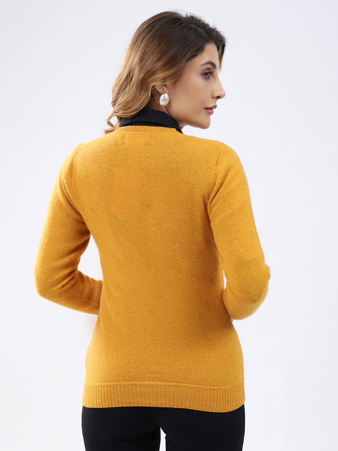 Women Mustard Solid V Neck Full Sleeve Cardigan