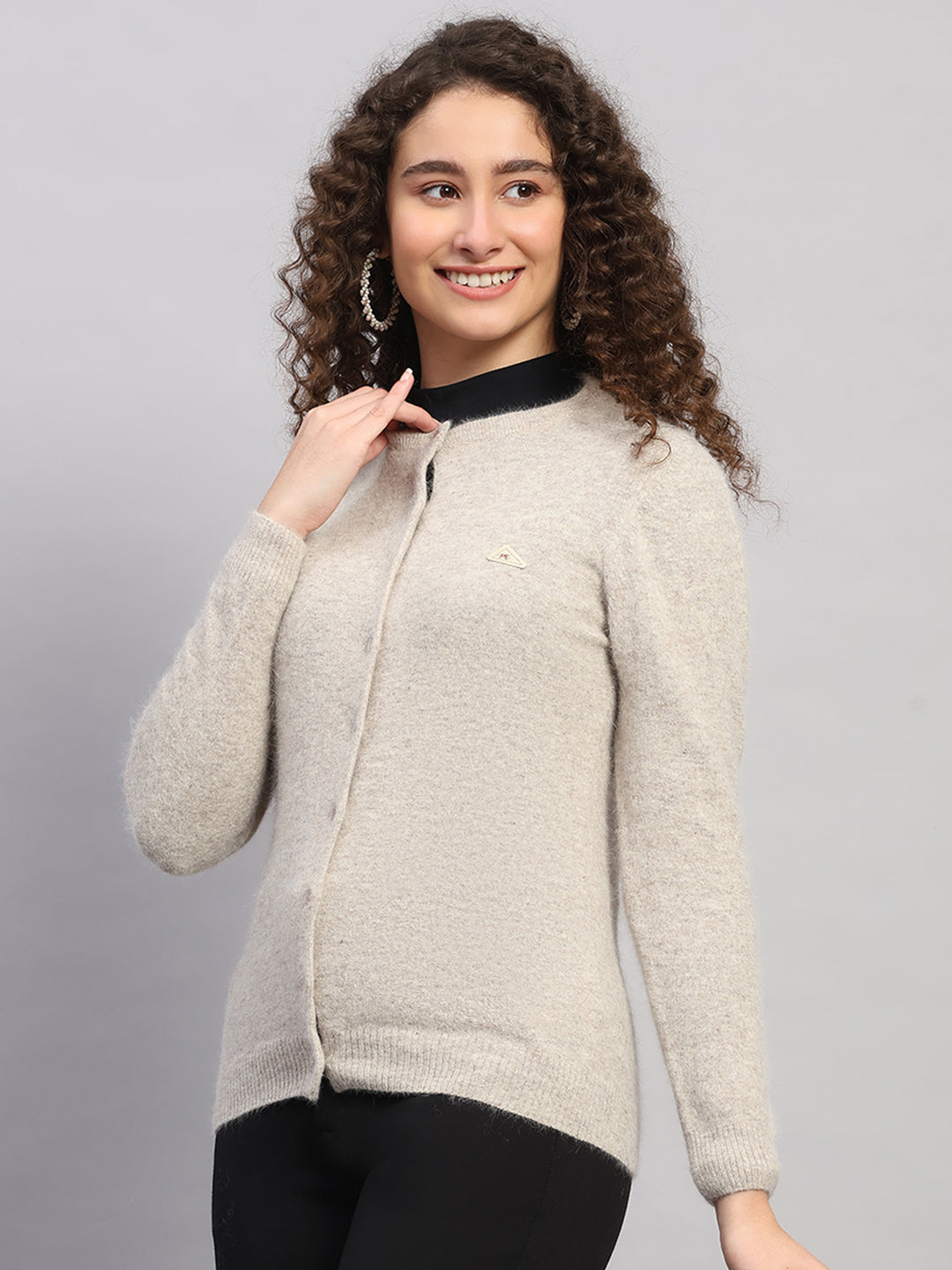 Women Beige Solid Round Neck Full Sleeve Cardigan
