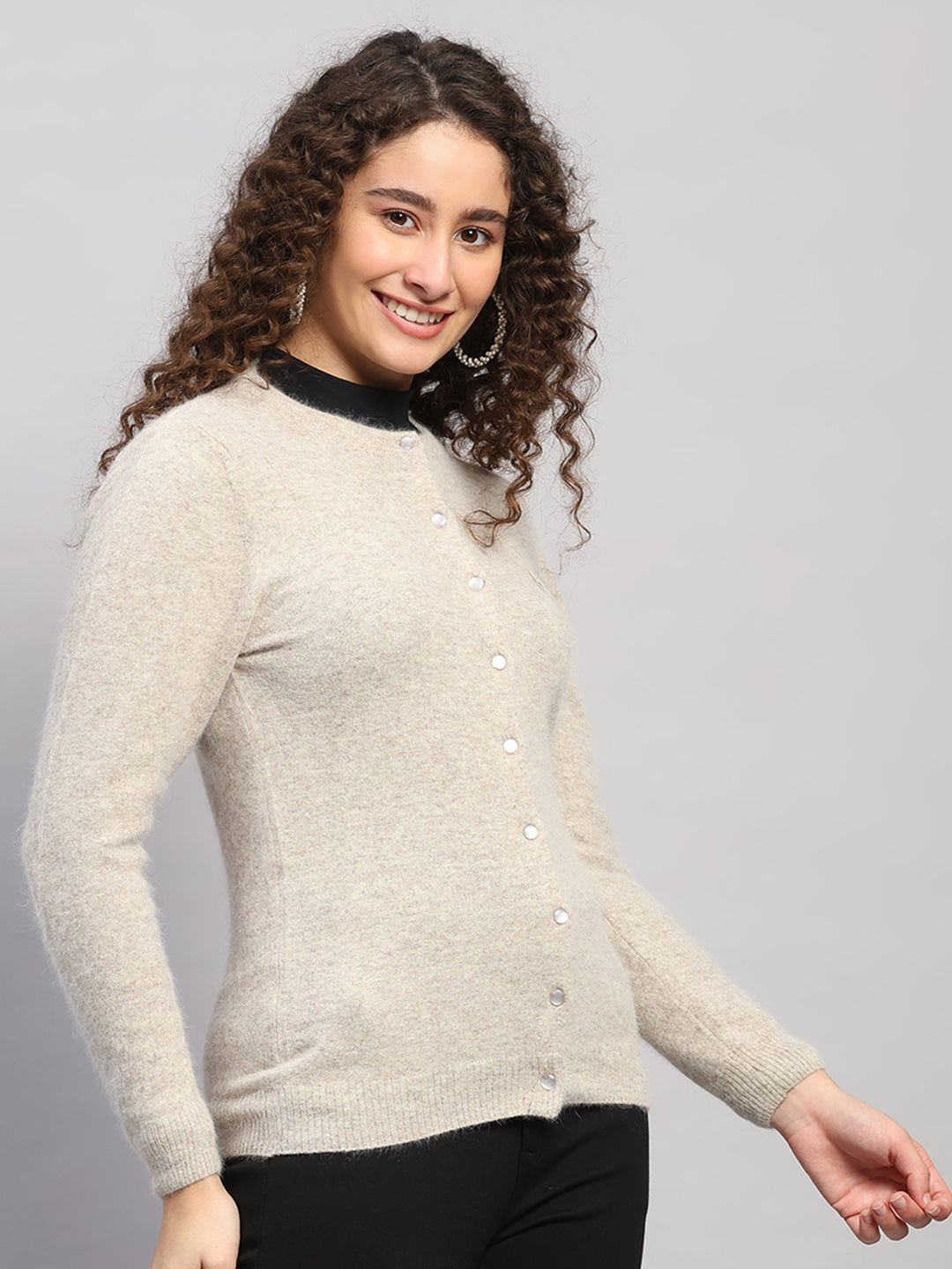 Women Beige Solid Round Neck Full Sleeve Cardigan