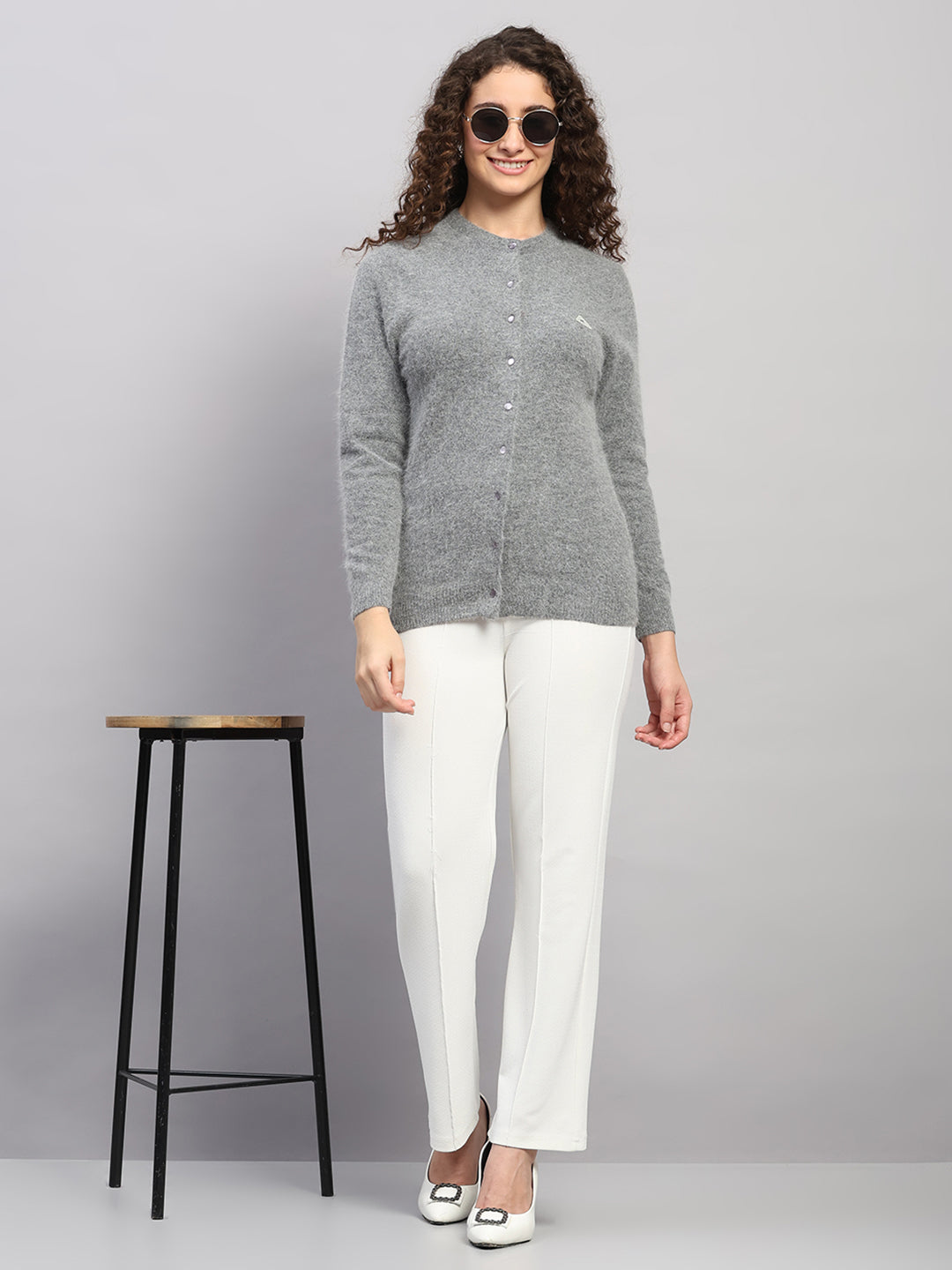 Women Grey Solid Round Neck Full Sleeve Cardigan