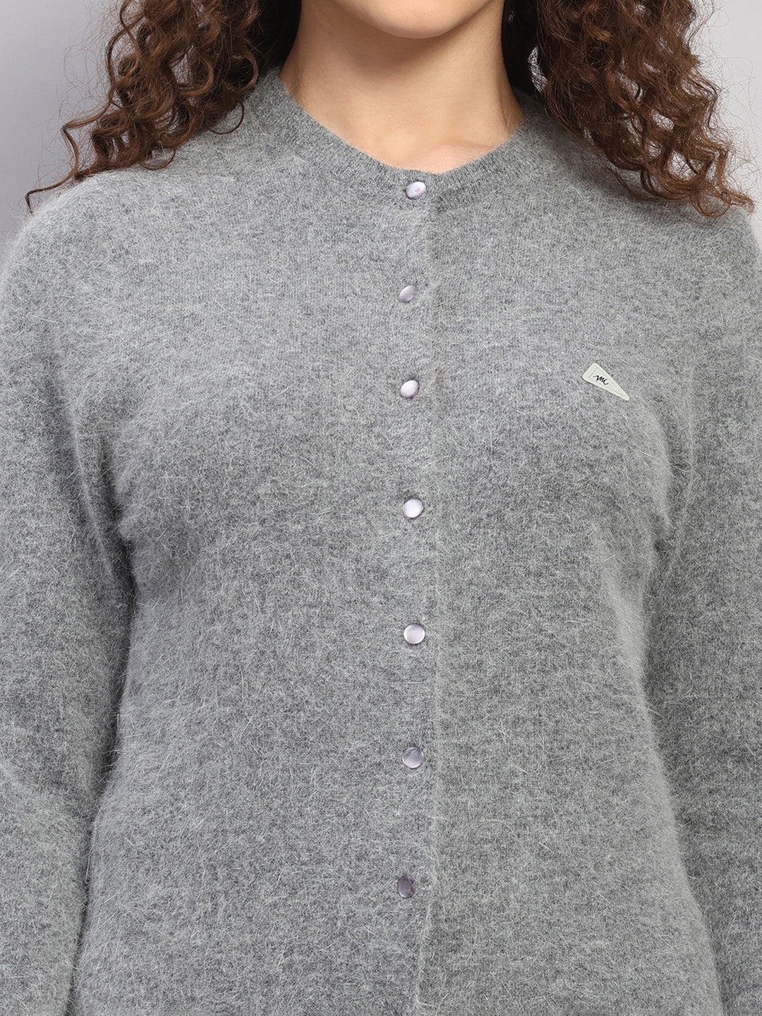 Women Grey Solid Round Neck Full Sleeve Cardigan