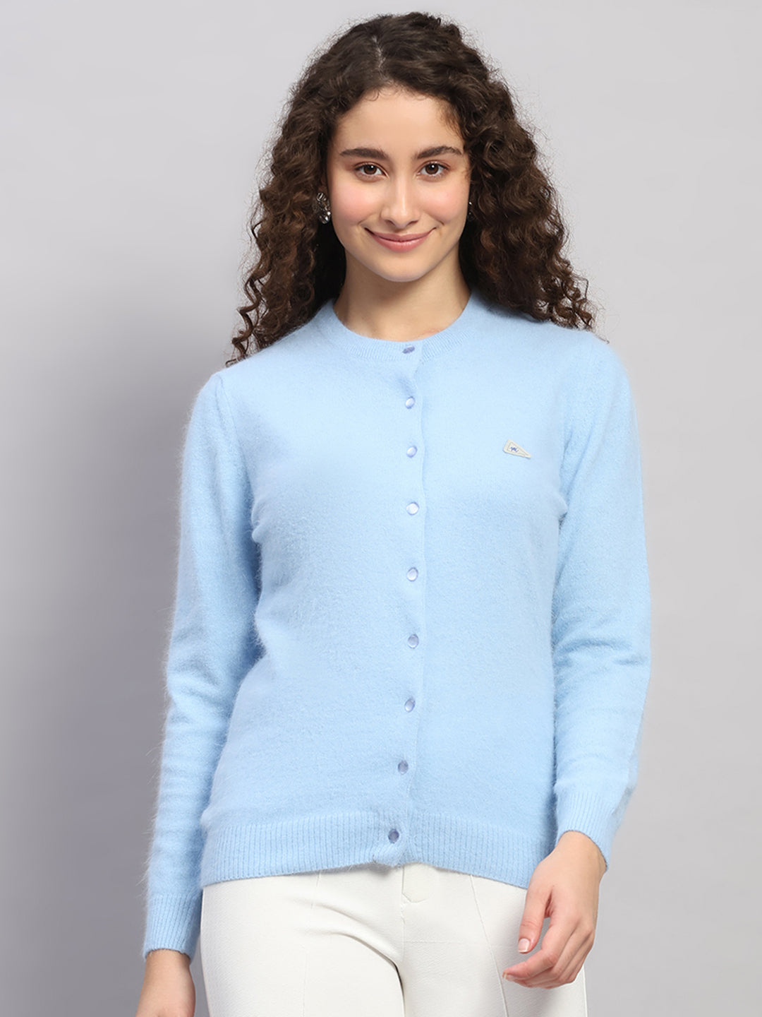 Women Light Blue Solid Round Neck Full Sleeve Cardigan