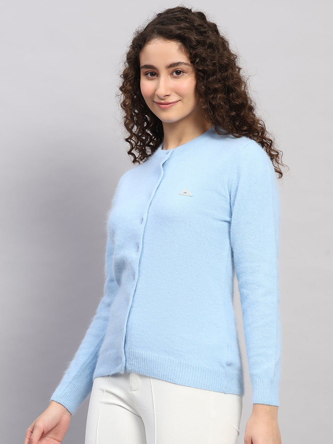 Women Light Blue Solid Round Neck Full Sleeve Cardigan