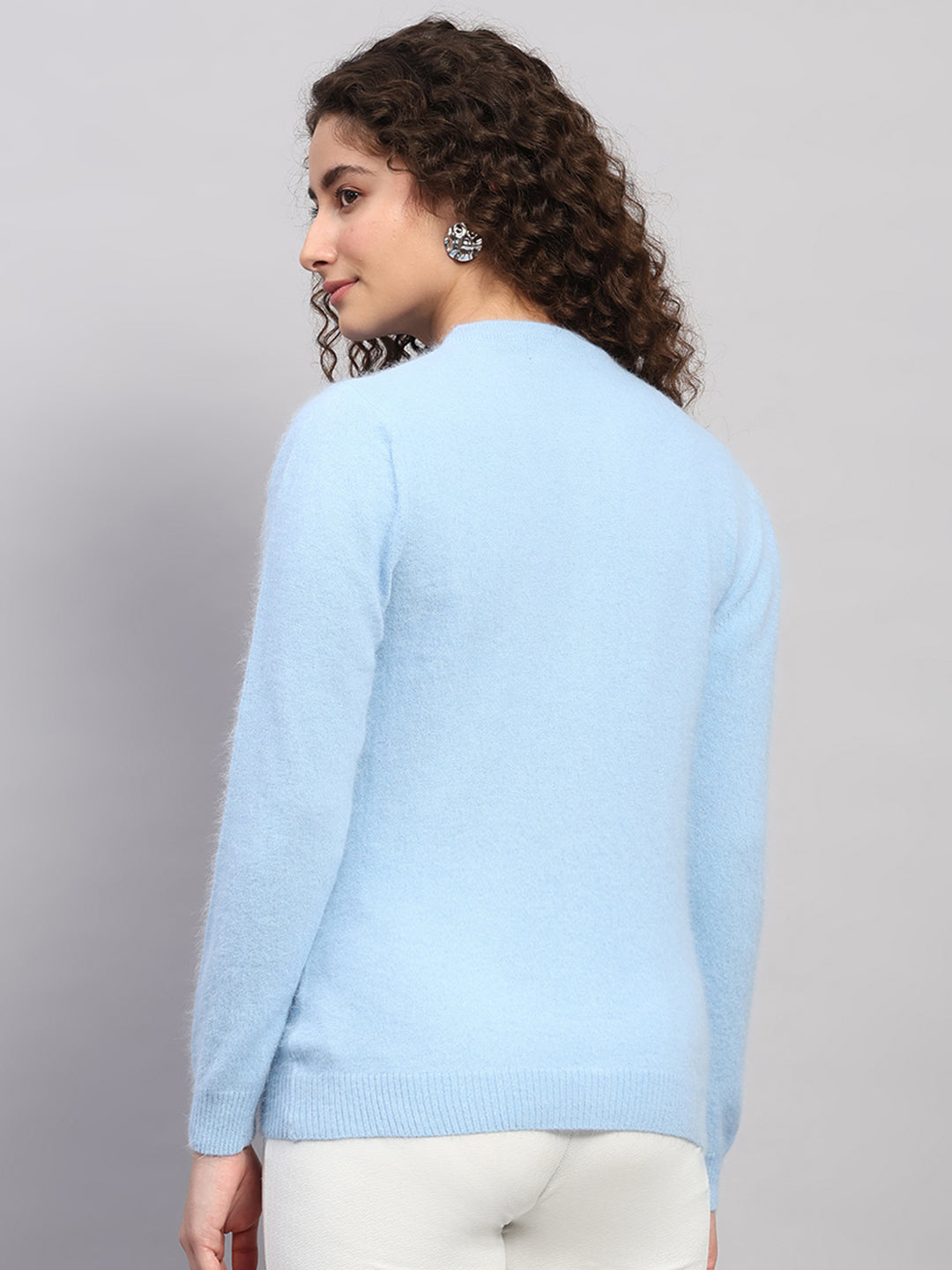 Women Light Blue Solid Round Neck Full Sleeve Cardigan
