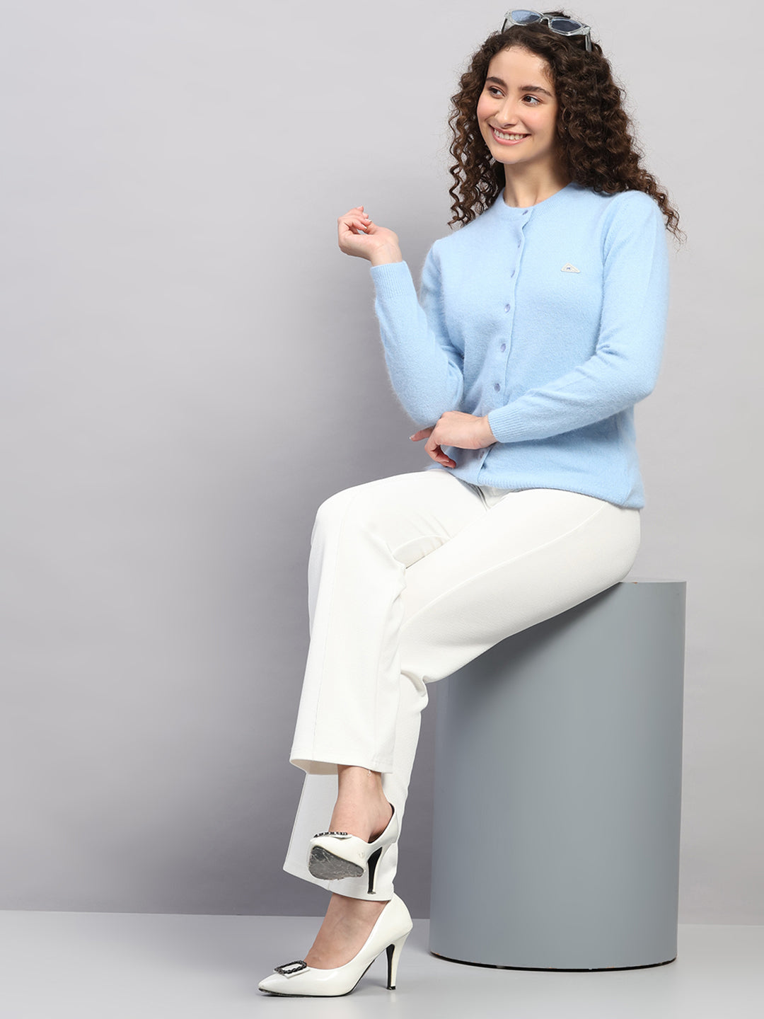 Women Light Blue Solid Round Neck Full Sleeve Cardigan
