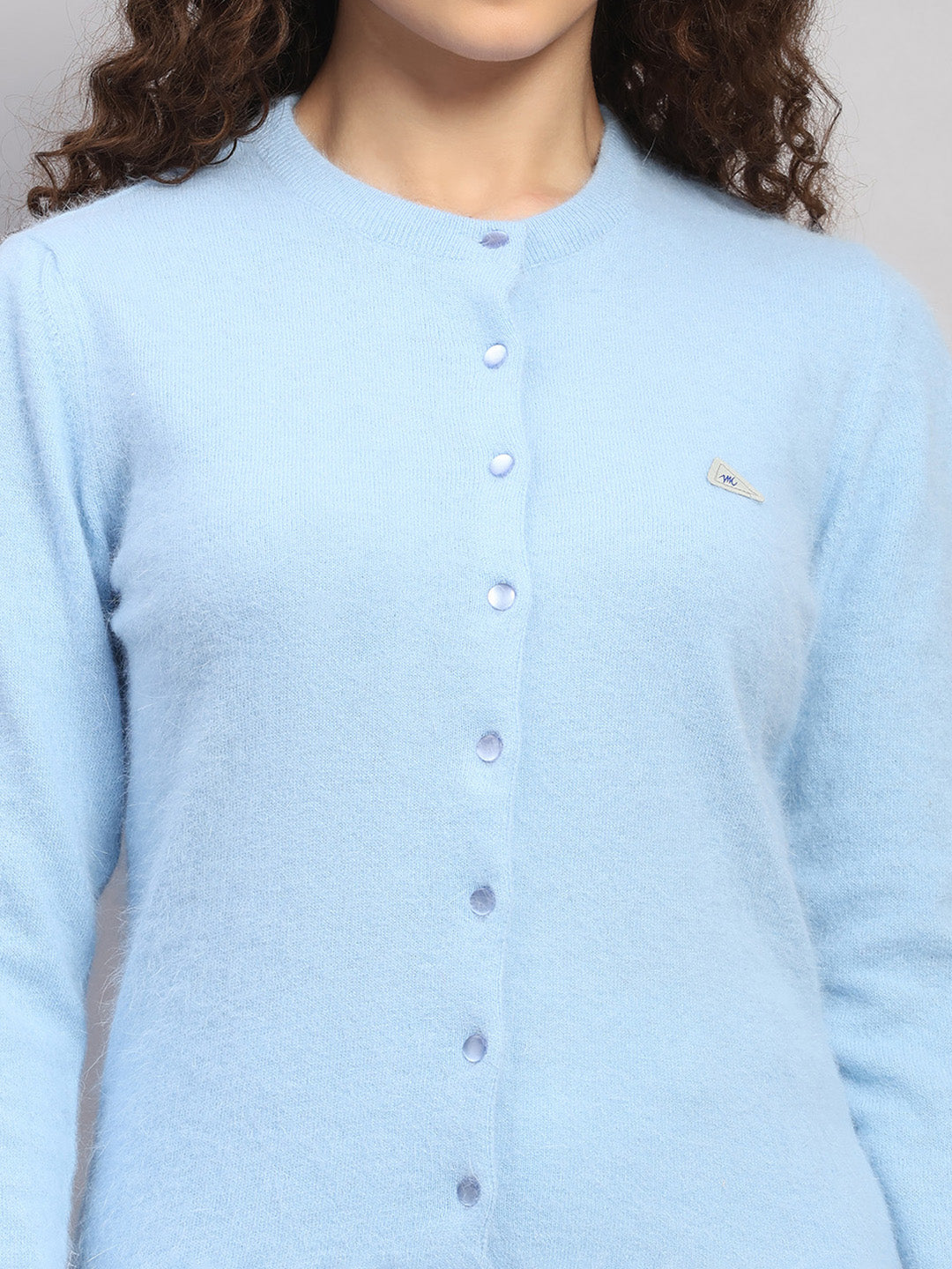 Women Light Blue Solid Round Neck Full Sleeve Cardigan