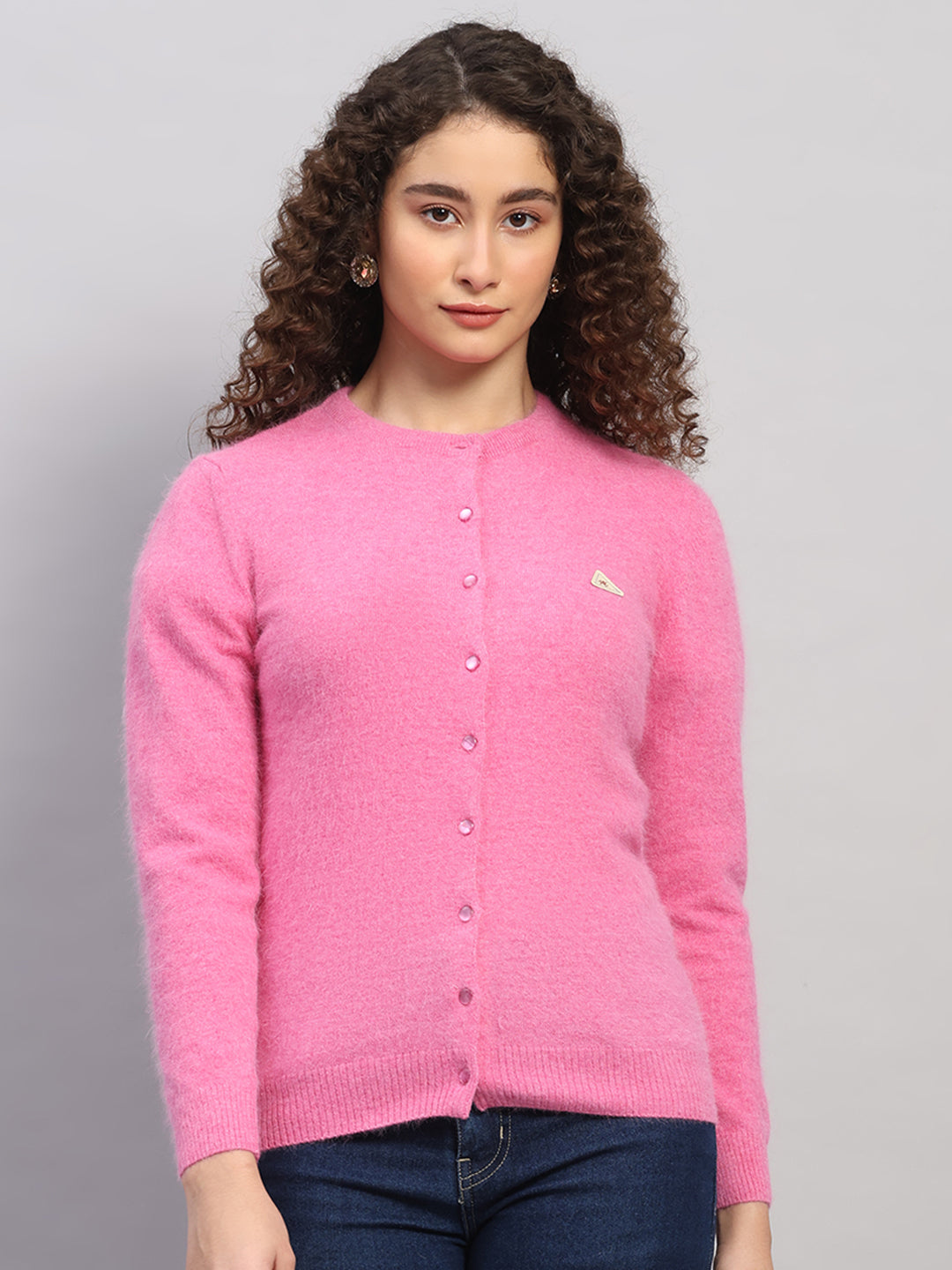 Women Pink Solid Round Neck Full Sleeve Cardigan