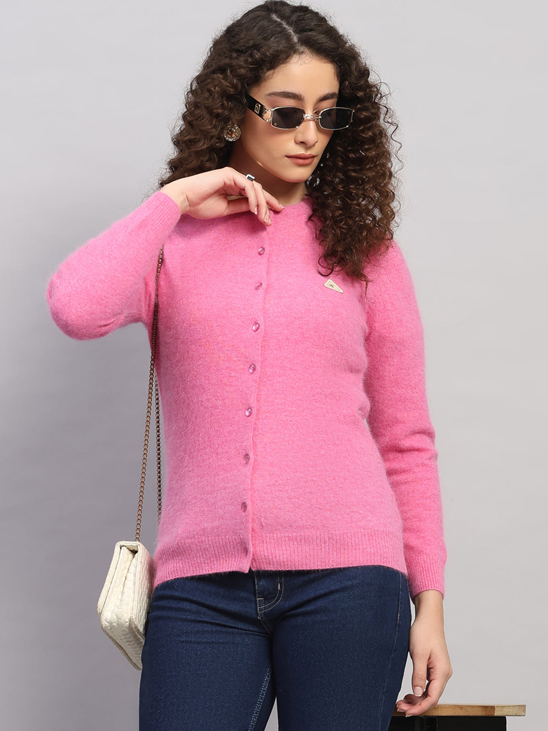 Women Pink Solid Round Neck Full Sleeve Cardigan