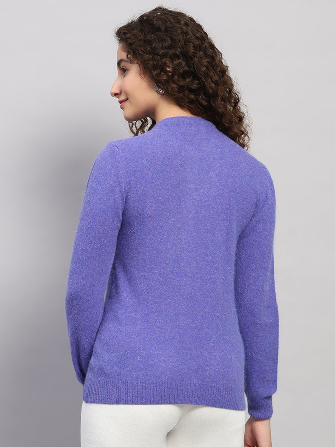 Women Purple Solid Round Neck Full Sleeve Cardigan