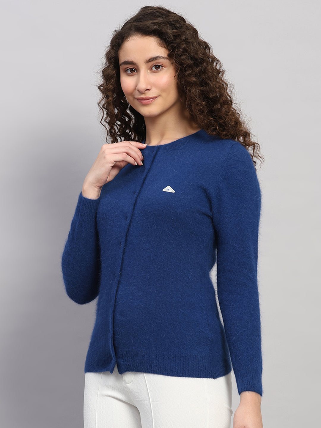 Women Blue Solid Round Neck Full Sleeve Cardigan