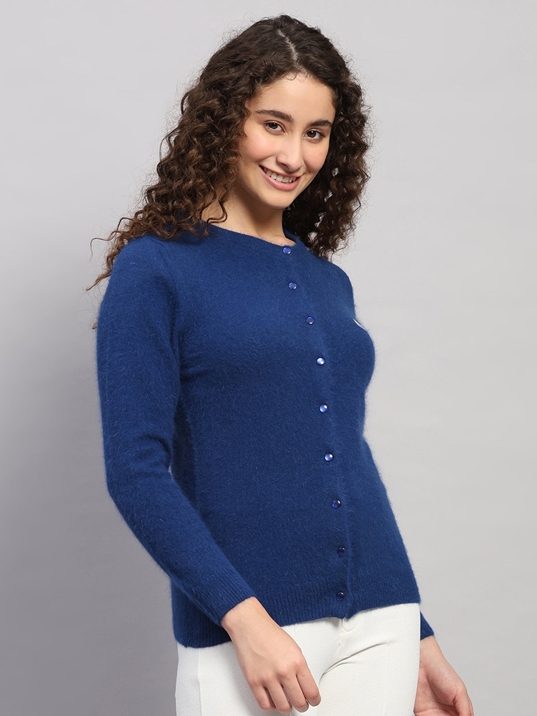 Women Blue Solid Round Neck Full Sleeve Cardigan