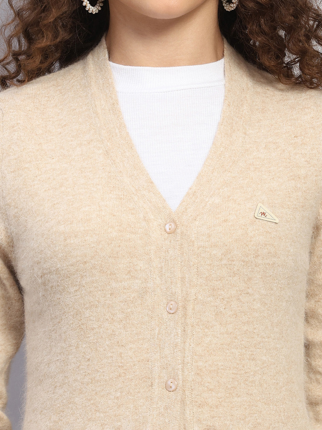 Women Brown Solid V Neck Full Sleeve Cardigan
