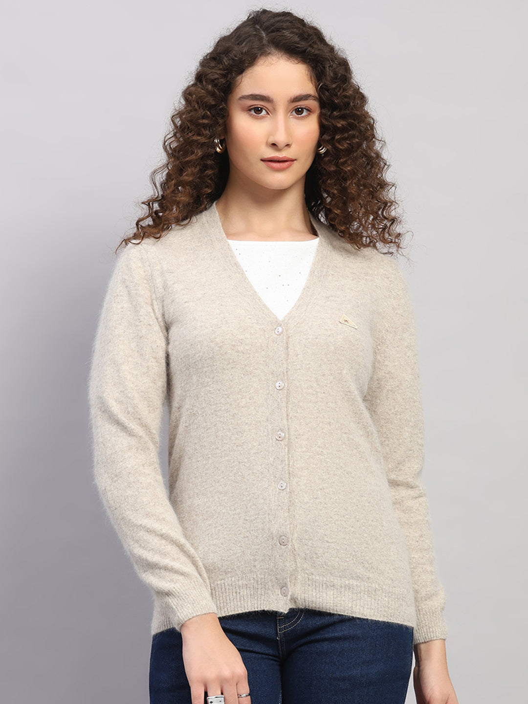 Women Beige Solid V Neck Full Sleeve Cardigan