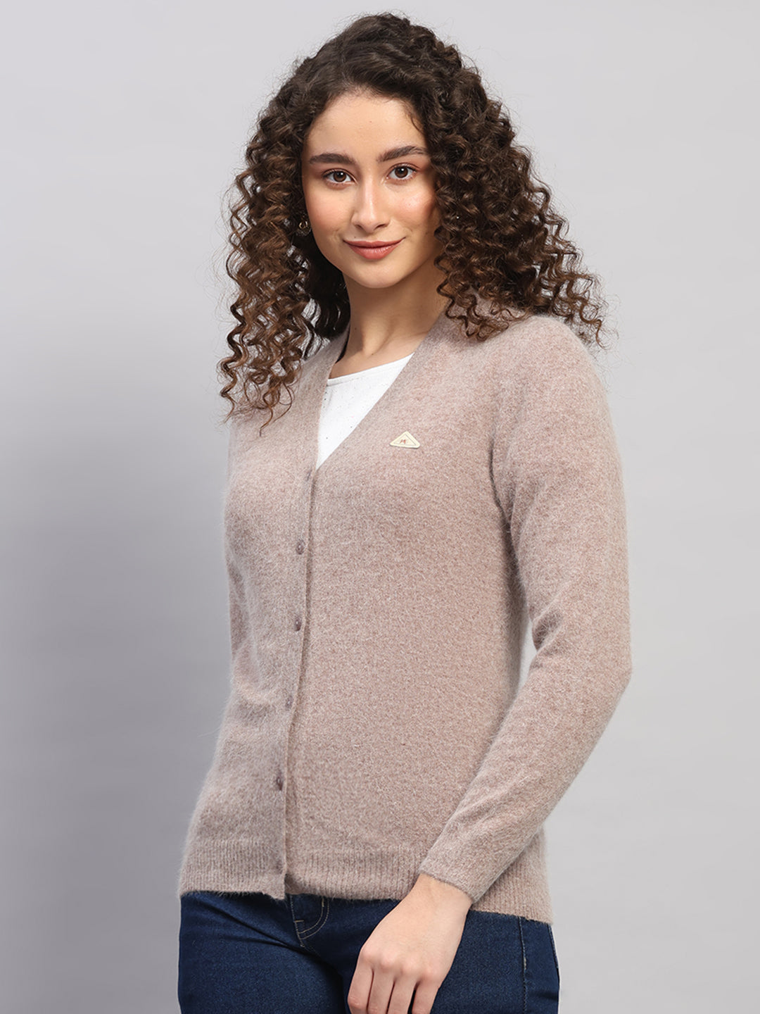 Women Beige Solid V Neck Full Sleeve Cardigan