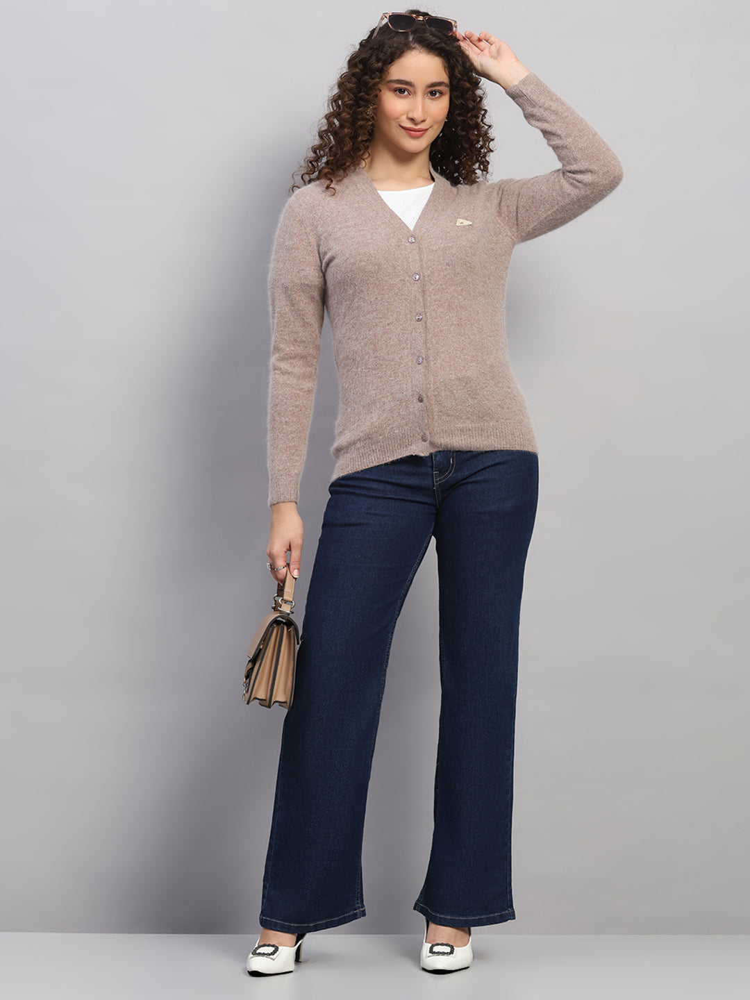 Women Beige Solid V Neck Full Sleeve Cardigan