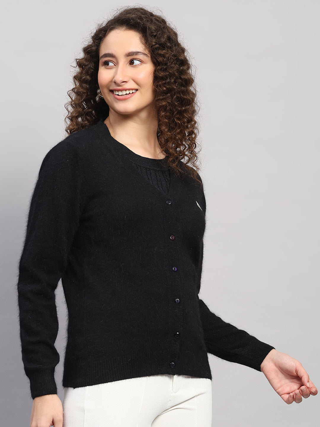 Women Black Solid V Neck Full Sleeve Cardigan