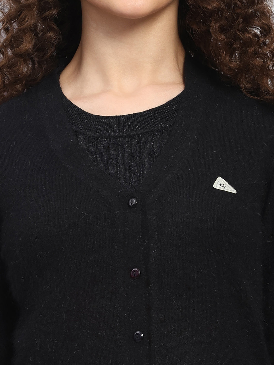 Women Black Solid V Neck Full Sleeve Cardigan