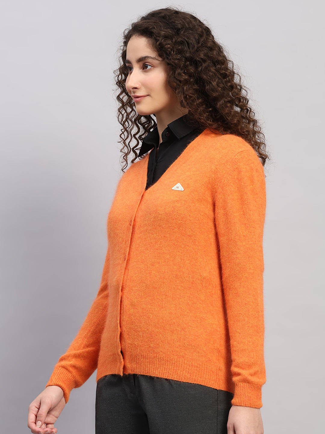 Women Orange Solid V Neck Full Sleeve Cardigan