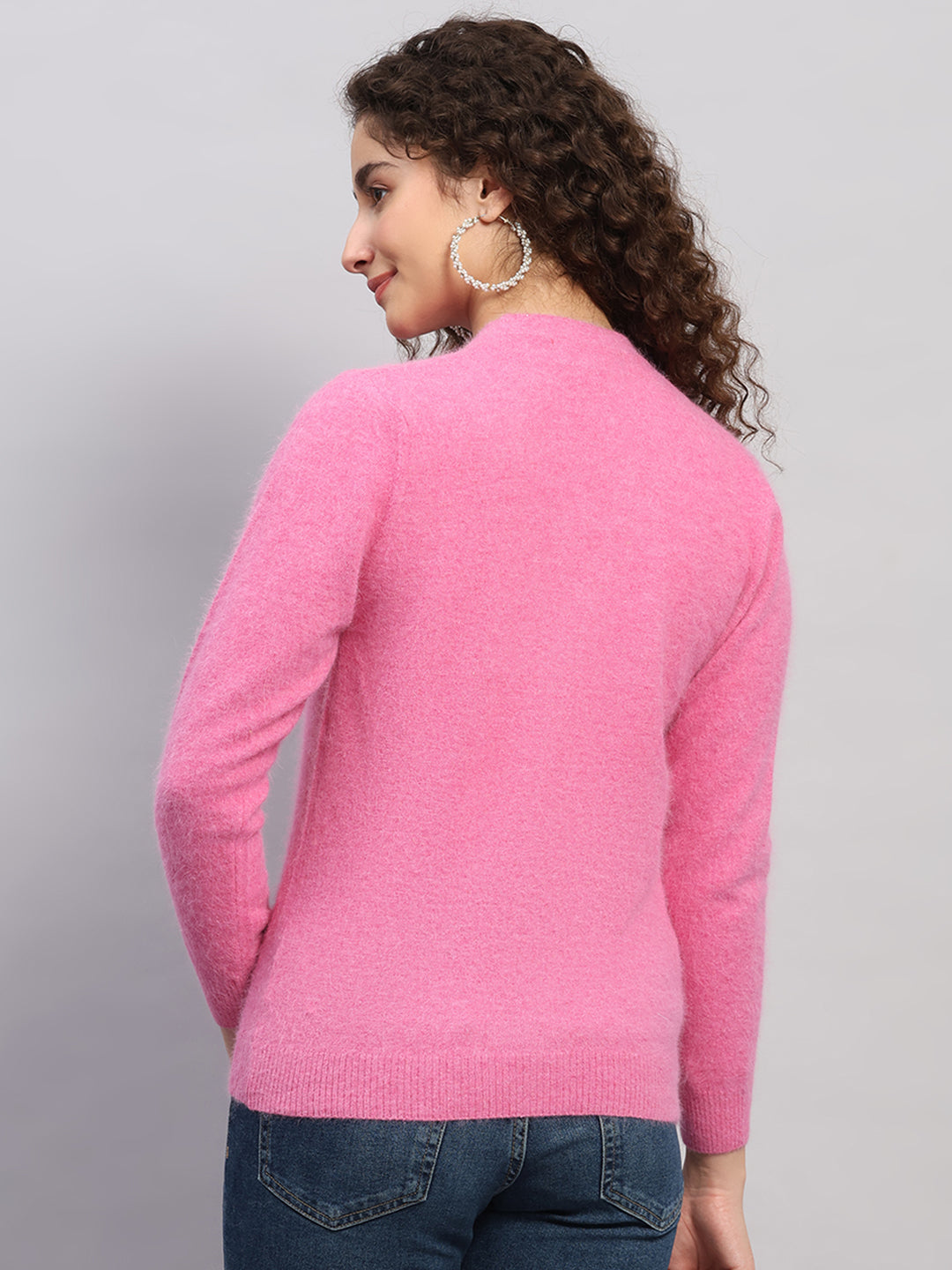 Women Pink Solid V Neck Full Sleeve Cardigan