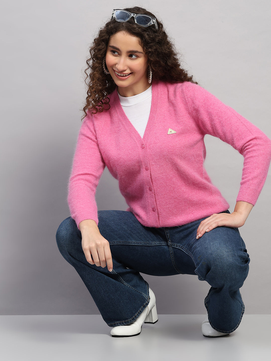Women Pink Solid V Neck Full Sleeve Cardigan