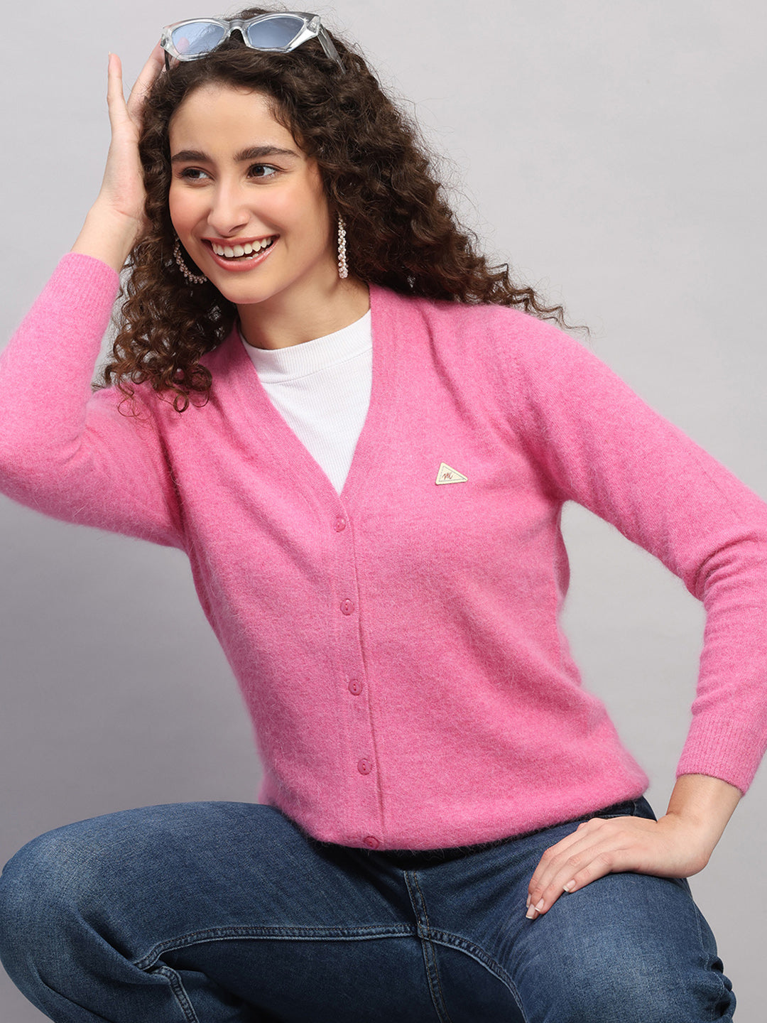Women Pink Solid V Neck Full Sleeve Cardigan
