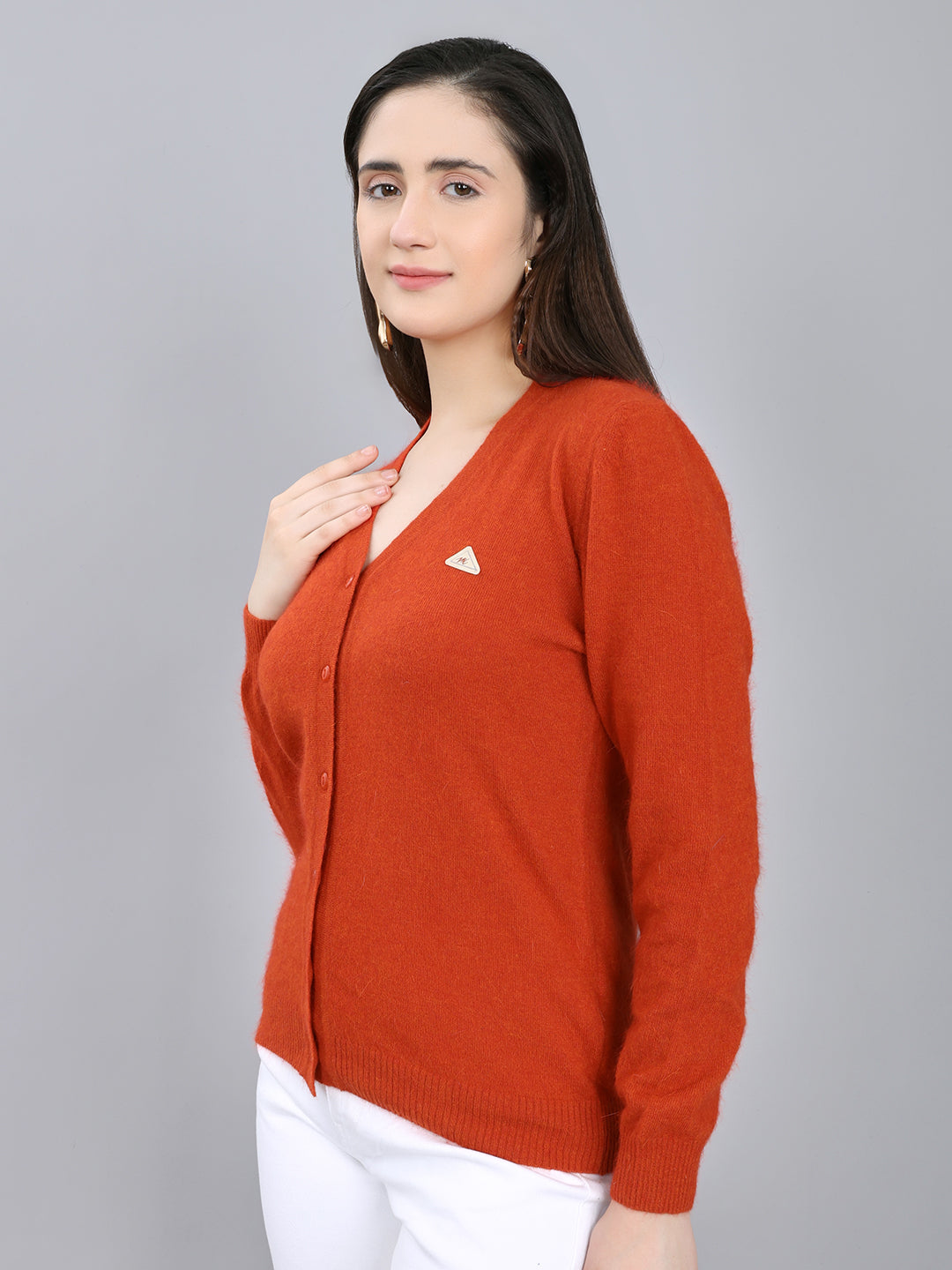 Women Rust Solid V Neck Full Sleeve Cardigan