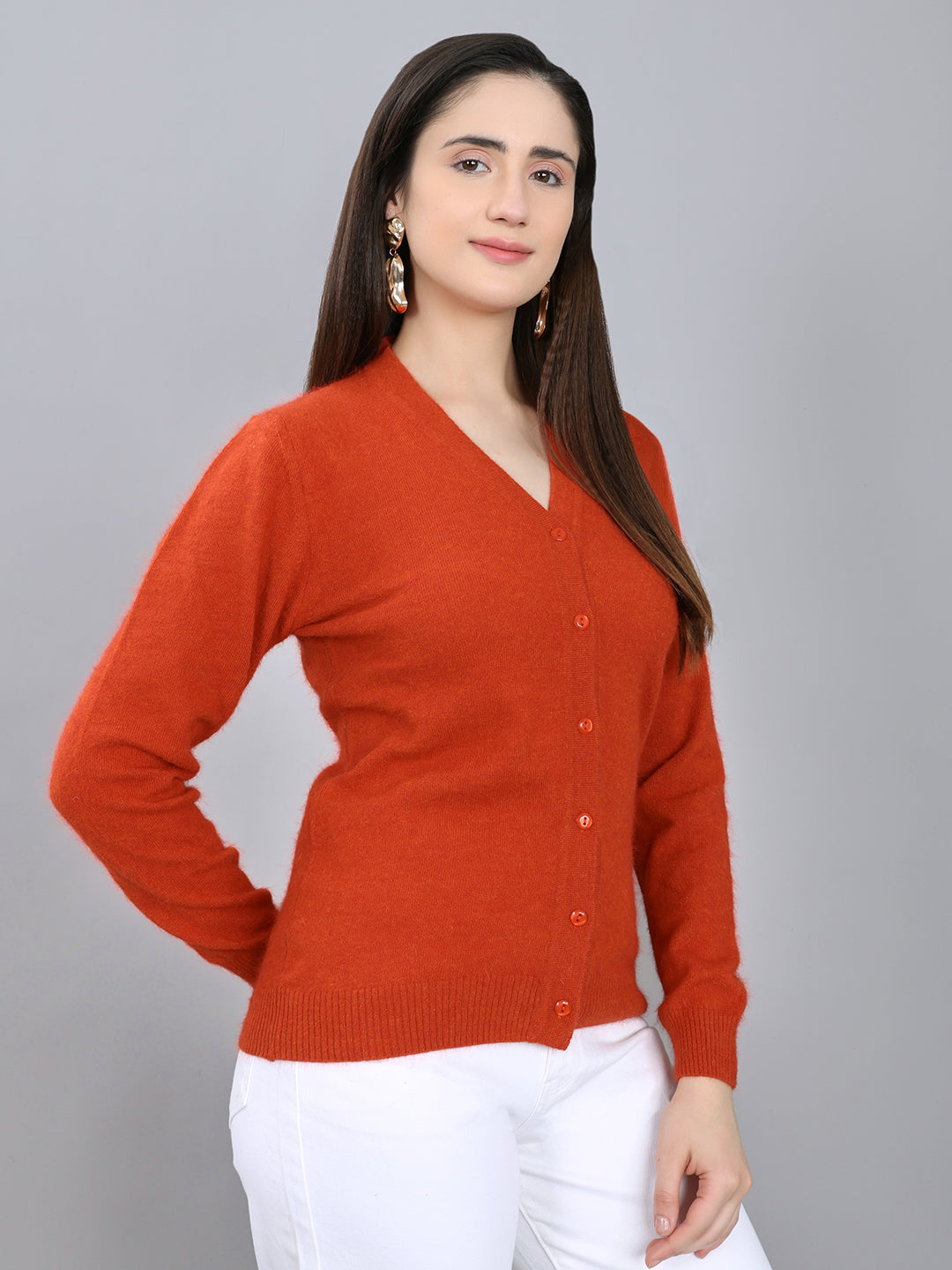 Women Rust Solid V Neck Full Sleeve Cardigan