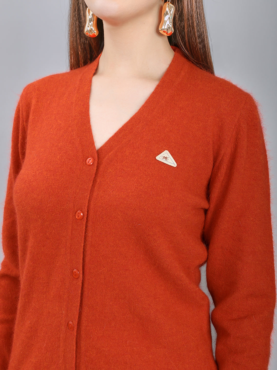 Women Rust Solid V Neck Full Sleeve Cardigan