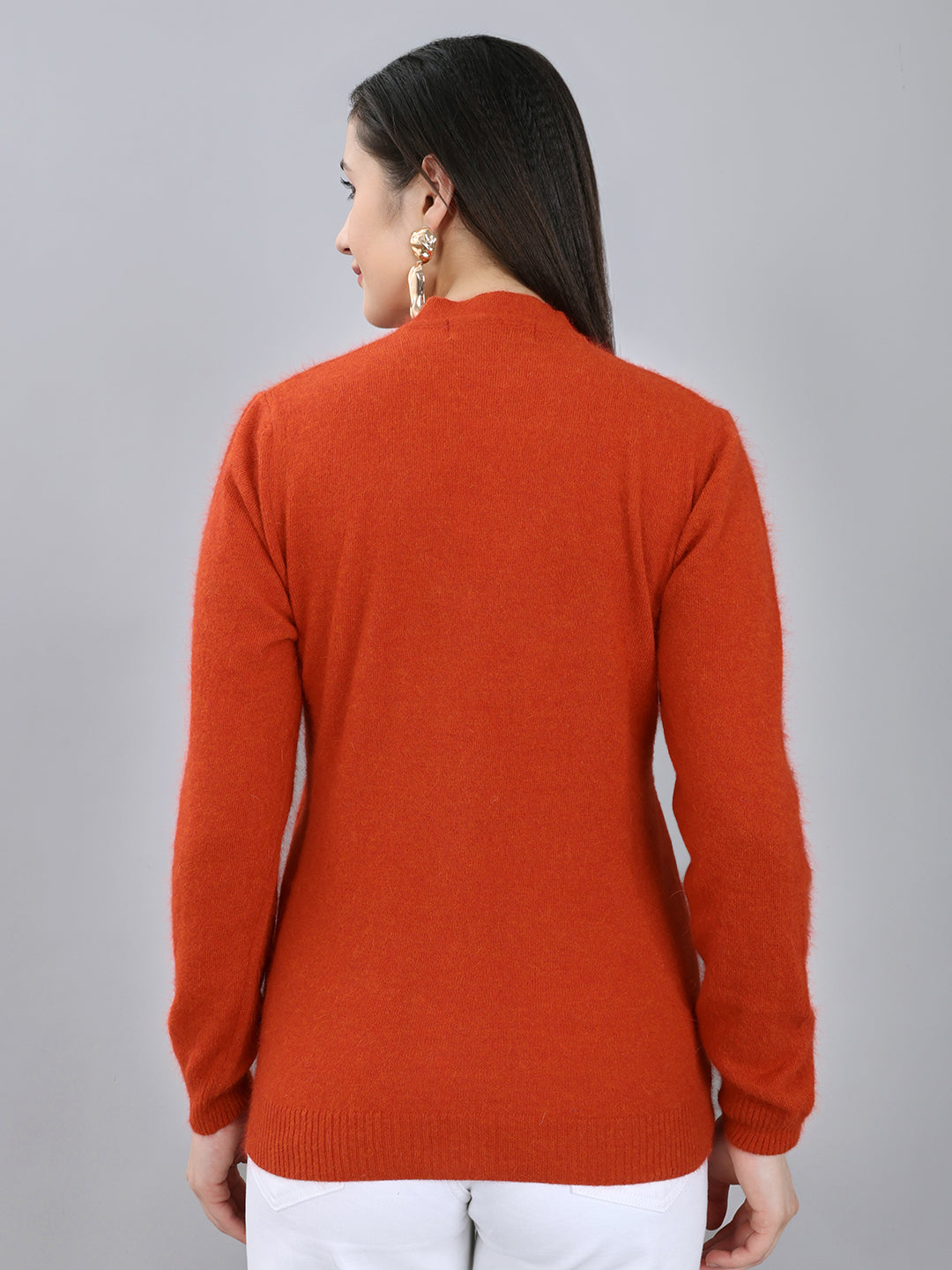 Women Rust Solid V Neck Full Sleeve Cardigan