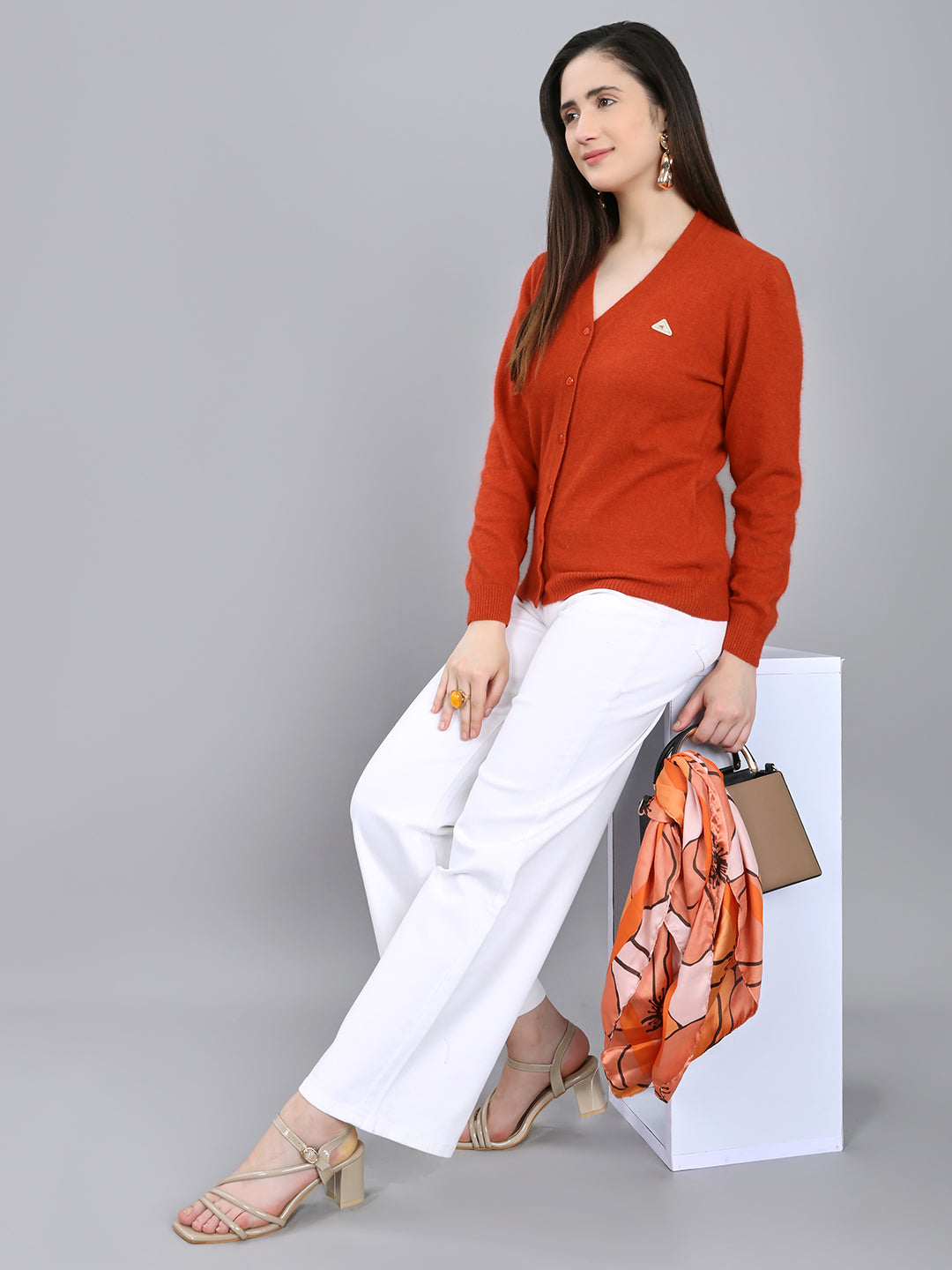 Women Rust Solid V Neck Full Sleeve Cardigan