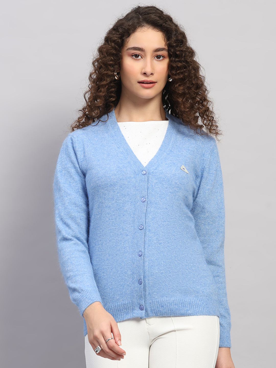 Women Light Blue Solid V Neck Full Sleeve Cardigan