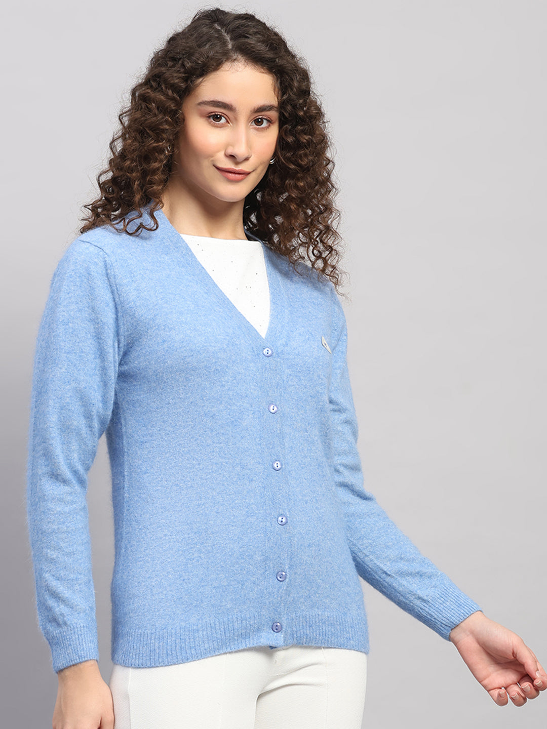 Women Light Blue Solid V Neck Full Sleeve Cardigan