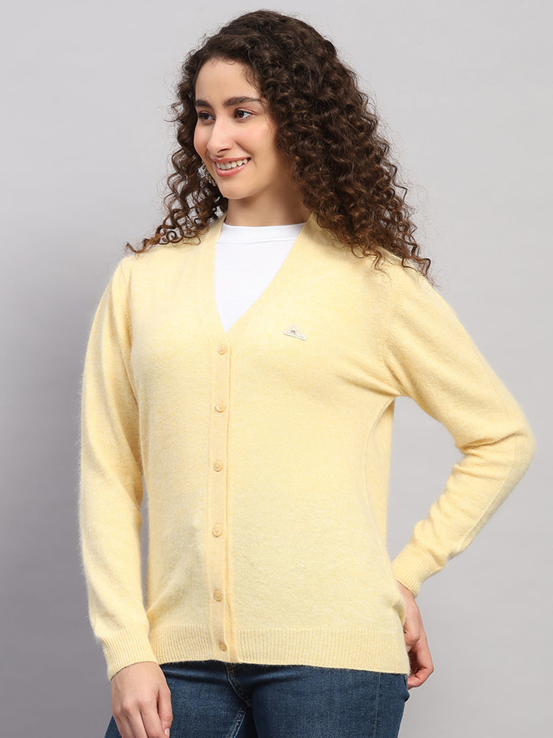 Women Yellow Solid V Neck Full Sleeve Cardigan