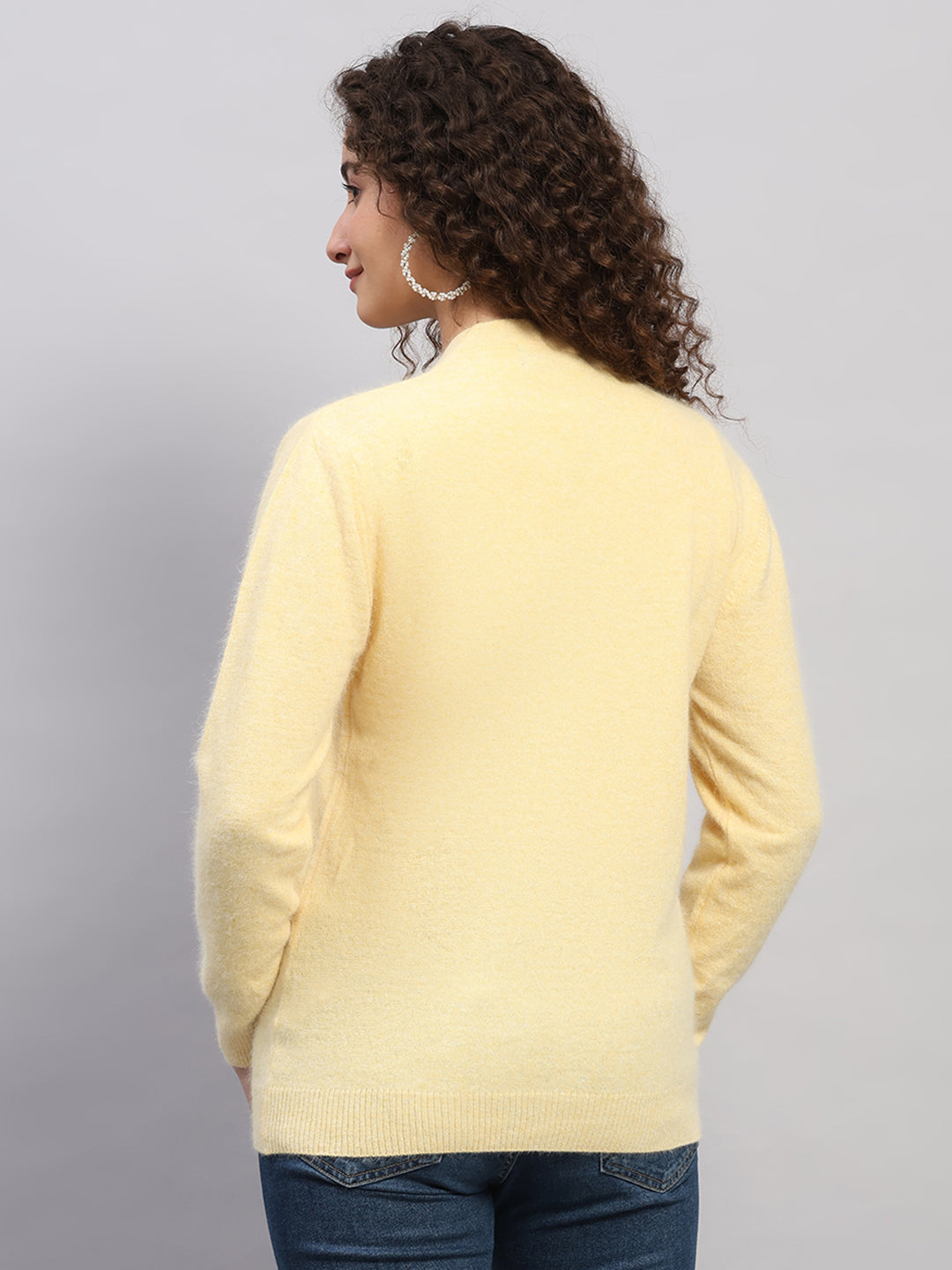 Women Yellow Solid V Neck Full Sleeve Cardigan